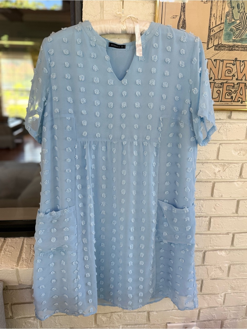Miholl Light Blue Swiss Dot Shift Dress Short Sleeve V-Neck Pockets XL